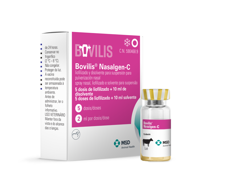 caja y vial de la Vacuna Bovilis® Nasalgen-C Imagen sobre la caja y vial de la Vacuna Bovilis® Nasalgen-C de MSD Animal Health