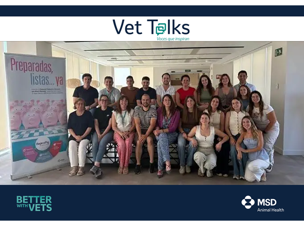 Grupo de profesionales posando en una sala junto a un cartel de VetTalks y logos de MSD Animal Health y Better with Vets.