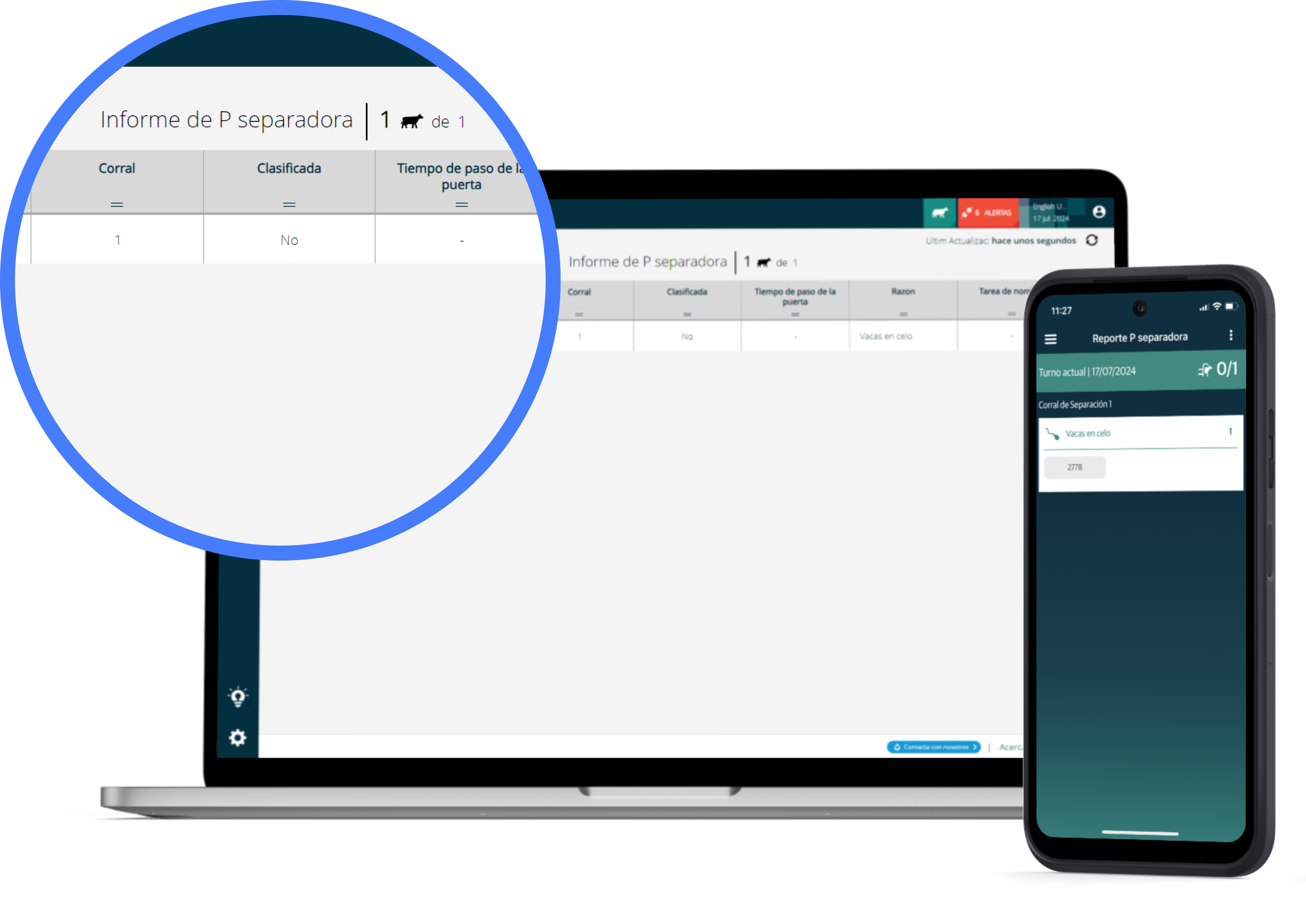 Interfaz digital de un reporte de gestión ganadera en español, visualizada en una computadora portátil y un smartphone.