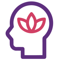 Icono de un perfil humano púrpura con una flor de loto rosa en el área del cerebro.
