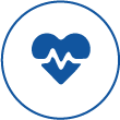Icono azul de un corazón con una línea de pulso cardíaco dentro de un círculo sobre fondo blanco.