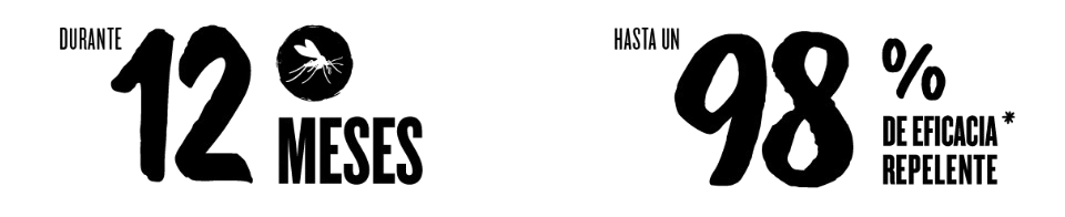 Imagen en la que se lee «Durante 12 meses» y «Hasta un 98 % de eficacia repelente», lo que indica una duración de hasta 12 meses y una eficacia repelente de hasta el 98 %