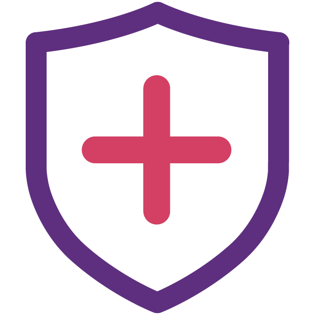 Icono de un escudo púrpura con una cruz rosa en el centro sobre fondo blanco.