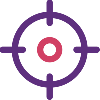 Icono de un objetivo o punto de mira de color púrpura con un círculo central rosa sobre fondo blanco.