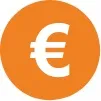 Un icono circular de color naranja vibrante que contiene el símbolo del euro (€) en color blanco en su centro. El diseño es plano y minimalista.