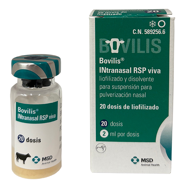 Frasco de vidrio y caja de Bovilis INtranasal RSP viva, vacuna liofilizada para ganado de MSD Animal Health.