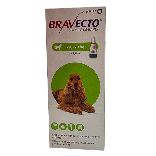 Bravecto 500 mg para perros de 10 a 20 kg Caja de Bravecto 500 mg Fluralaner para perros de 10 a 20 kg