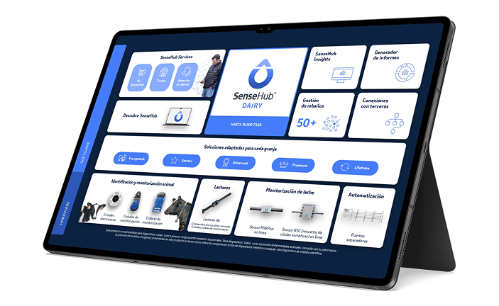 Tableta que muestra la interfaz de software SenseHub Dairy con opciones de gestión de rebaño y monitorización de leche.