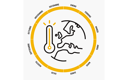 Ilustración de un mapamundi en el que se ven Europa y África, con un termómetro que marca el aumento de la temperatura, rodeado por un círculo amarillo en el que figuran los meses en español.