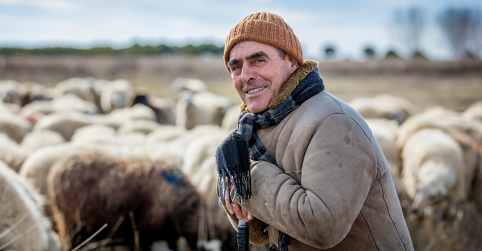 Pastor y rebaño de ovejas Un pastor sonriente con gorro de lana y bufanda posa frente a su rebaño de ovejas en un campo abierto.
