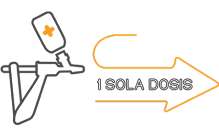 Icono lineal de aplicador veterinario con frasco y flecha naranja que indica "1 SOLA DOSIS".