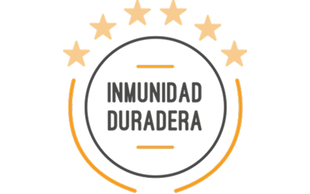 Un icono circular con un contorno gris oscuro que contiene el texto "INMUNIDAD DURADERA" en mayúsculas. El círculo está rodeado por un semicírculo naranja en la parte inferior y cinco estrellas de color naranja claro dispuestas en arco en la parte superior.