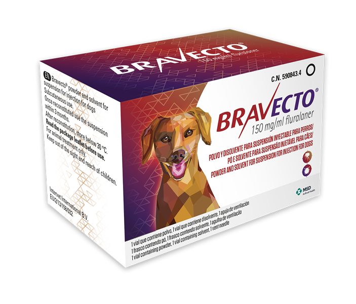 Vista en perspectiva 3D de una caja de Bravecto (150 mg/ml fluralaner) para perros. La caja es morada y blanca con una imagen central de un perro geométrico y poligonal. Muestra el texto del producto en varios idiomas y detalles técnicos sobre el contenido y el uso.