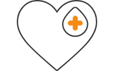 Un icono lineal de contorno gris oscuro con forma de corazón. Dentro del corazón, en el lado superior derecho, hay una gota de agua estilizada que contiene una cruz médica naranja vibrante, destacando sobre el fondo blanco.