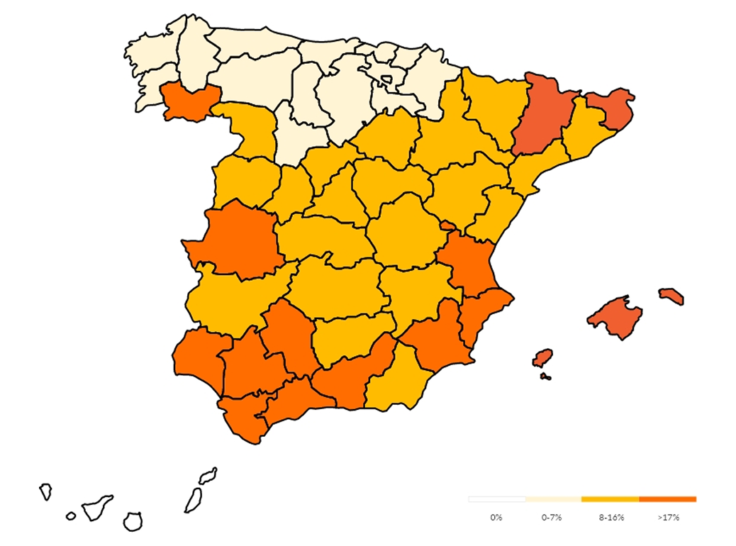 Mapa de calor de España por provincias con escala de colores desde crema (0%) hasta naranja intenso (>17%).