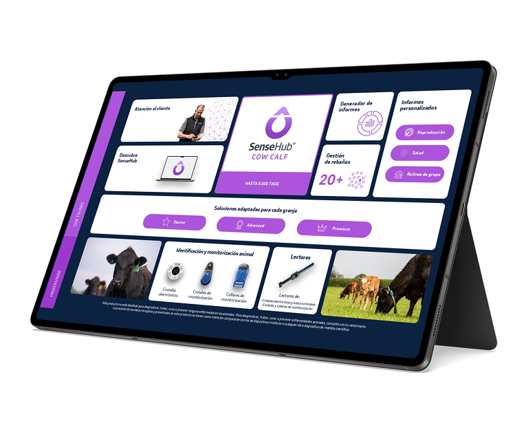 Tableta que muestra la interfaz del software SenseHub Cow Calf con secciones de hardware y gestión ganadera.