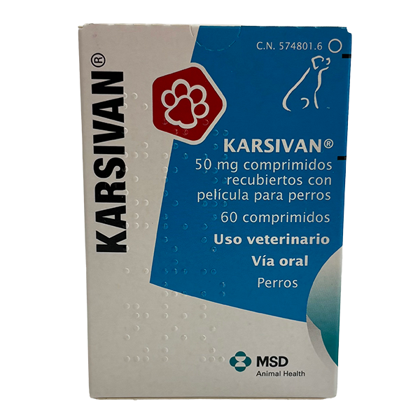 Envase del producto farmacológico veterinario Karsivan, fabricado y empaquetado por MSD Animal Health. El empaque muestra la marca Karsivan y la información del producto junto con el logotipo de MSD Animal Health.