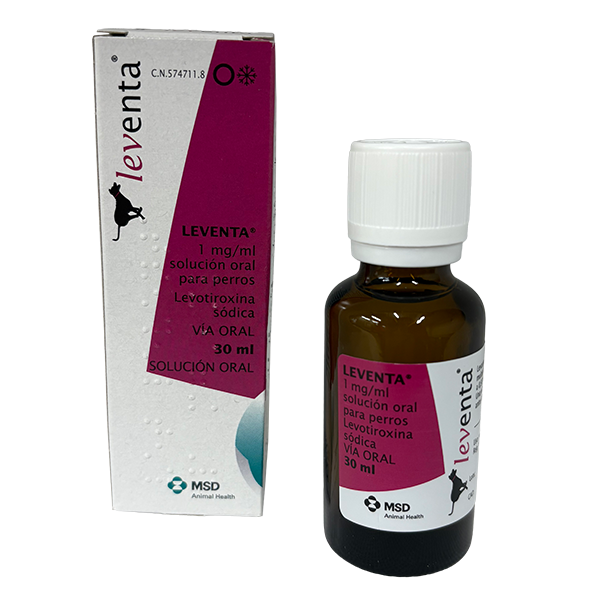 Envase del producto veterinario Leventa® Inmunológicos, fabricado y empaquetado por MSD Animal Health. El empaque muestra la marca Leventa®, información farmacéutica y el logotipo de MSD Animal Health.