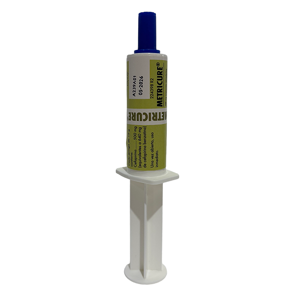 Envase del producto farmacológico veterinario Metricure de MSD Animal Health. El empaque muestra la marca Metricure®, información del medicamento y el logotipo de MSD Animal Health.
