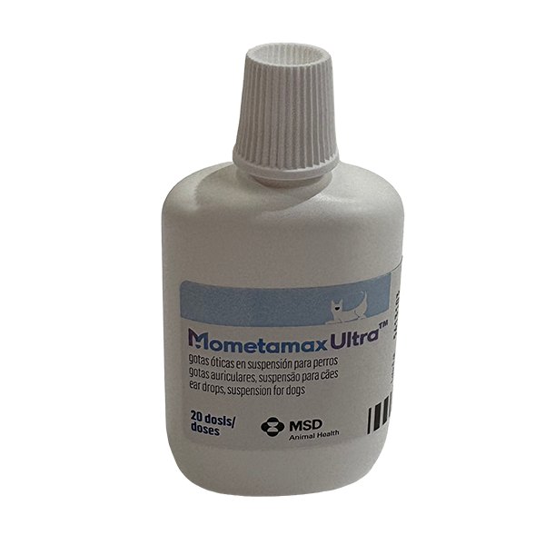 Envase del producto farmacológico veterinario Mometamax® Ultra de MSD Animal Health. El empaque muestra la marca Mometamax® Ultra, información del medicamento y el logotipo de MSD Animal Health.