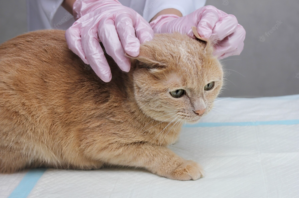 Veterinario con guantes rosas examinando las orejas de un gato naranja sobre una mesa blanca.