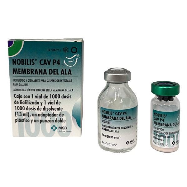 Nobilis® CAV P4 membrana del ala Envase del producto inmunológico veterinario Nobilis® CAV P4 membrana del ala de MSD Animal Health. El empaque muestra la marca Nobilis® CAV P4, información del producto y el logotipo de MSD Animal Health.