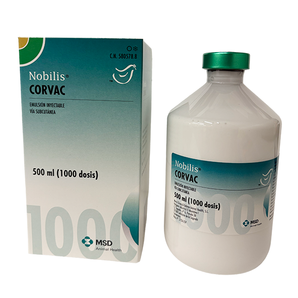 Envase del producto inmunológico veterinario Nobilis® Corvac de MSD Animal Health. El empaque muestra la marca Nobilis® Corvac, información del producto y el logotipo de MSD Animal Health.