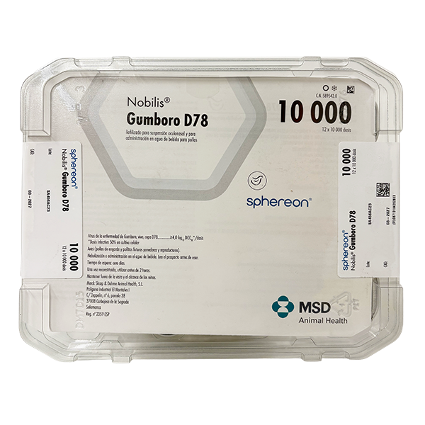 Envase del producto inmunológico veterinario Nobilis® Gumboro D78 de MSD Animal Health. El empaque muestra la marca Nobilis® Gumboro D78, información del producto y el logotipo de MSD Animal Health.