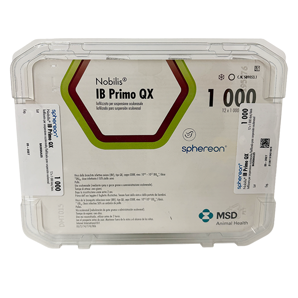 Nobilis® IB Primo QX Envase del producto inmunológico veterinario Nobilis® IB Primo QX de MSD Animal Health. El empaque muestra la marca Nobilis® IB Primo QX, información del producto y el logotipo de MSD Animal Health.