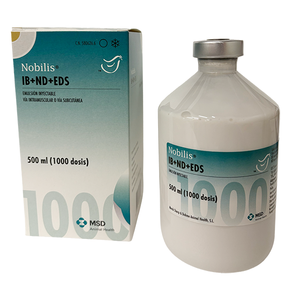 Envase del producto inmunológico veterinario Nobilis® IB+ND+EDS de MSD Animal Health. El empaque muestra la marca Nobilis® IB+ND+EDS, información del producto y el logotipo de MSD Animal Health.