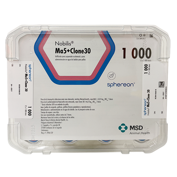Envase del producto inmunológico veterinario Nobilis® Ma5+Clone 30 de MSD Animal Health. El empaque muestra la marca Nobilis® Ma5+Clone 30, información del producto y el logotipo de MSD Animal Health.