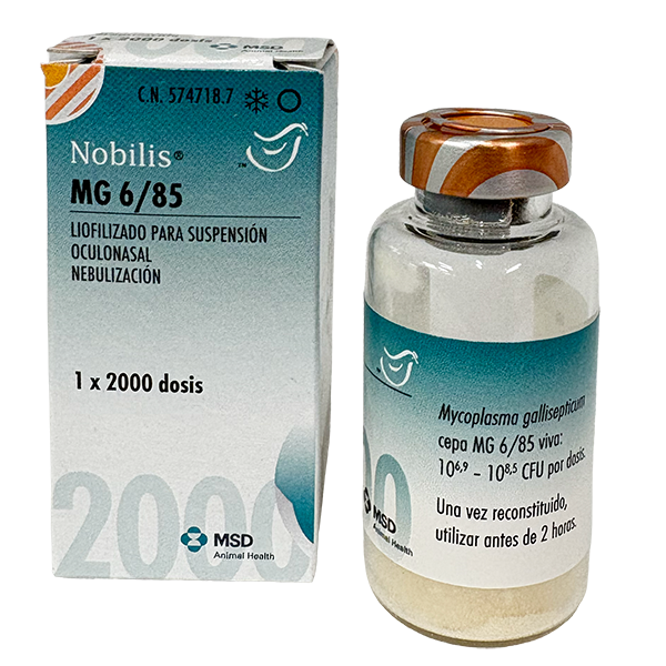 Envase del producto inmunológico veterinario Nobilis® MG 6/85 de MSD Animal Health. El empaque muestra la marca Nobilis® MG 6/85, información del producto y el logotipo de MSD Animal Health.