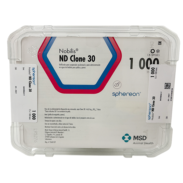 Envase del producto inmunológico veterinario Nobilis® ND Clone 30 de MSD Animal Health. El empaque muestra la marca Nobilis® ND Clone 30, información del producto y el logotipo de MSD Animal Health.