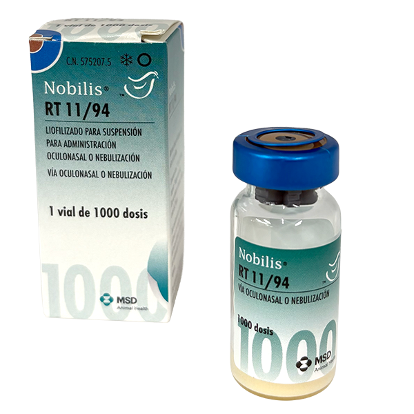 Envase del producto inmunológico veterinario Nobilis® RT 11-94 de MSD Animal Health. El empaque muestra la marca Nobilis® RT 11-94, información del producto y el logotipo de MSD Animal Health.