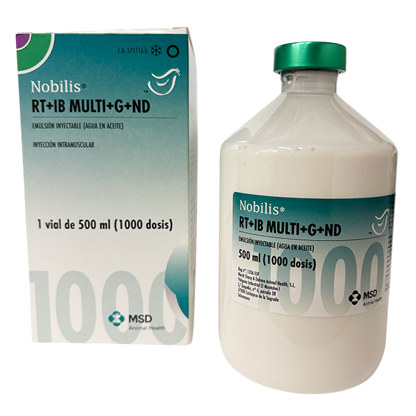 Envase del producto inmunológico veterinario Nobilis® RT+IB Multi+G+ND de MSD Animal Health. El empaque muestra la marca Nobilis® RT+IB Multi+G+ND, información del producto y el logotipo de MSD Animal Health.