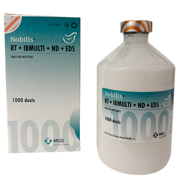 Frasco de la vacuna inactivada Nobilis RT+IB Multi+ND+EDS de MSD Animal Health para aves.