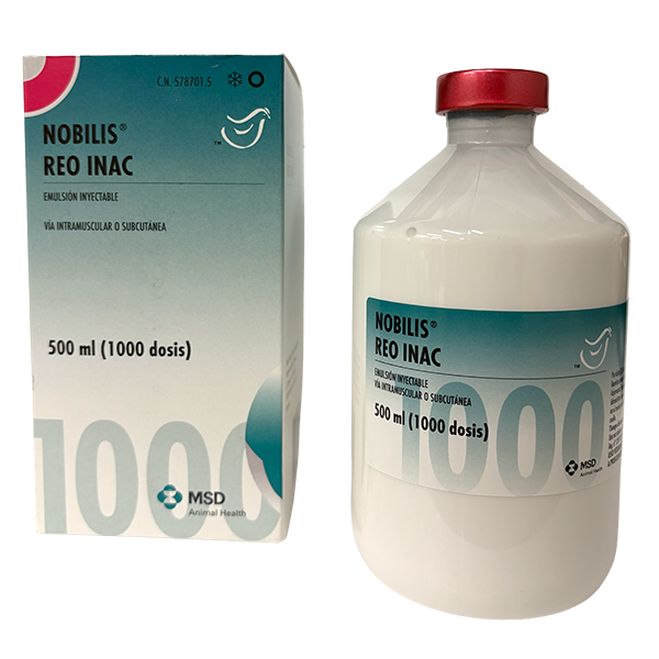 Envase del producto inmunológico veterinario Nobilis® Reo Inac de MSD Animal Health. El empaque muestra la marca Nobilis® Reo Inac, información del producto y el logotipo de MSD Animal Health.