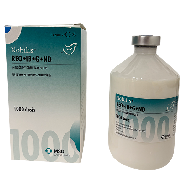 Envase del producto inmunológico veterinario Nobilis® Reo+IB+G+ND de MSD Animal Health. El empaque muestra la marca Nobilis® Reo+IB+G+ND, información del producto y el logotipo de MSD Animal Health.