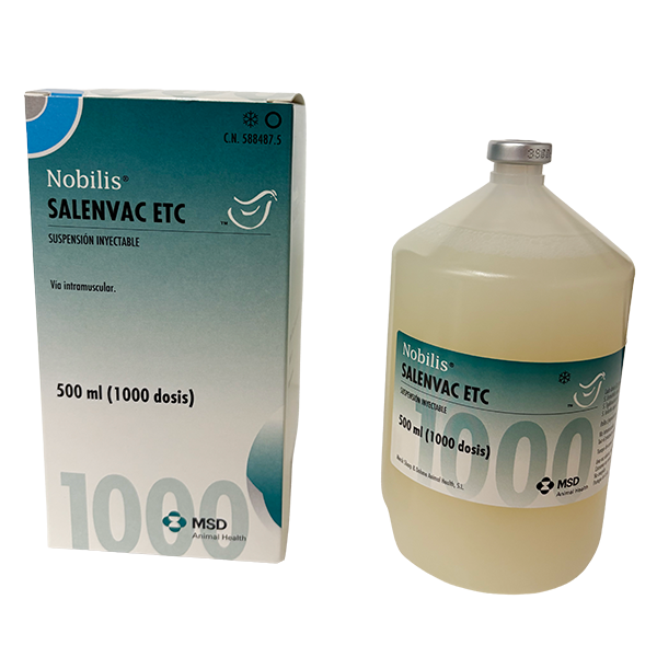 Envase del producto inmunológico veterinario Nobilis® Salenvac ETC de MSD Animal Health. El empaque muestra la marca Nobilis® Salenvac ETC, información del producto y el logotipo de MSD Animal Health.