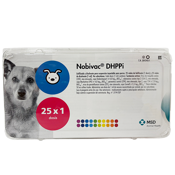 Envase del producto inmunológico veterinario Nobivac® DHPPI de MSD Animal Health. El empaque muestra la marca Nobivac® DHPPI, información del producto y el logotipo de MSD Animal Health.