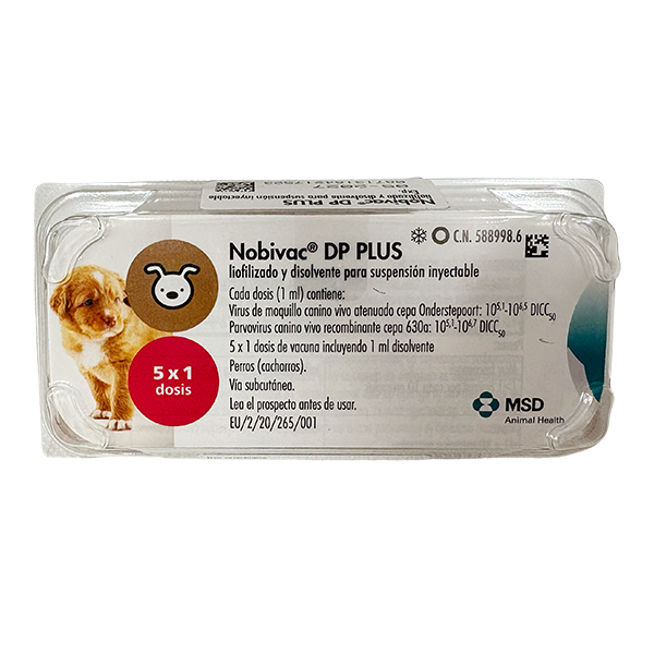 Envase del producto inmunológico veterinario Nobivac® DP Plus de MSD Animal Health. El empaque muestra la marca Nobivac® DP Plus, información del producto y el logotipo de MSD Animal Health.