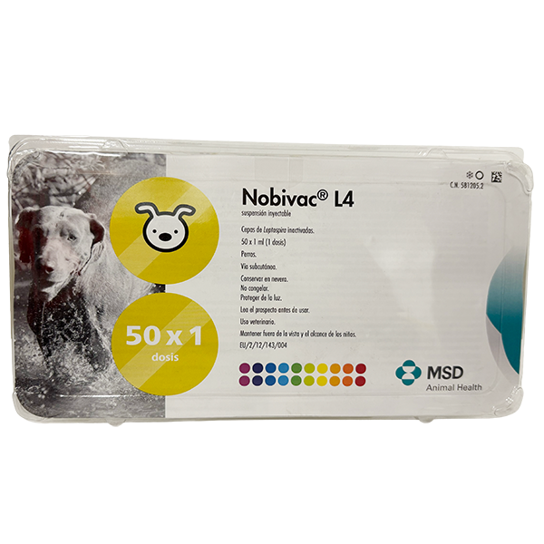 Envase del producto inmunológico veterinario Nobivac® L4 de MSD Animal Health. El empaque muestra la marca Nobivac® L4, información del producto y el logotipo de MSD Animal Health.
