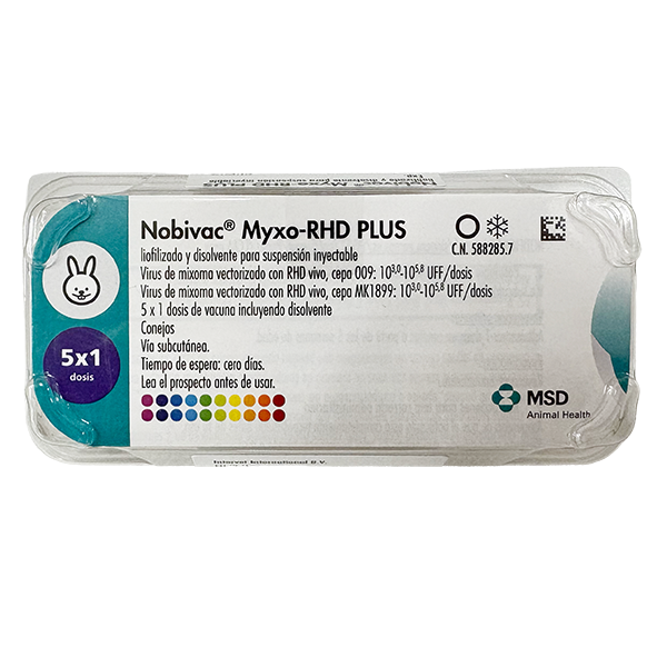 Envase del producto inmunológico veterinario Nobivac® Myxo-RHD Plus de MSD Animal Health. El empaque muestra la marca Nobivac® Myxo-RHD Plus, información del producto y el logotipo de MSD Animal Health.