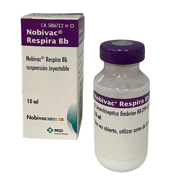 Vial del producto inmunológico veterinario Nobivac® Respira BB de MSD Animal Health. El empaque muestra la marca Nobivac® Respira BB, información del producto y el logotipo de MSD Animal Health.
