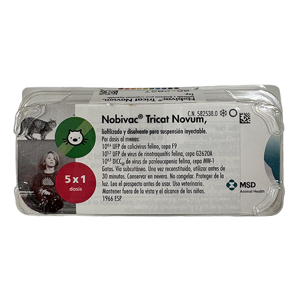 Nobivac® Tricat Novum Envase del producto inmunológico veterinario Nobivac® Tricat Novum de MSD Animal Health. El empaque muestra la marca Nobivac® Tricat Novum, información del producto y el logotipo de MSD Animal Health.