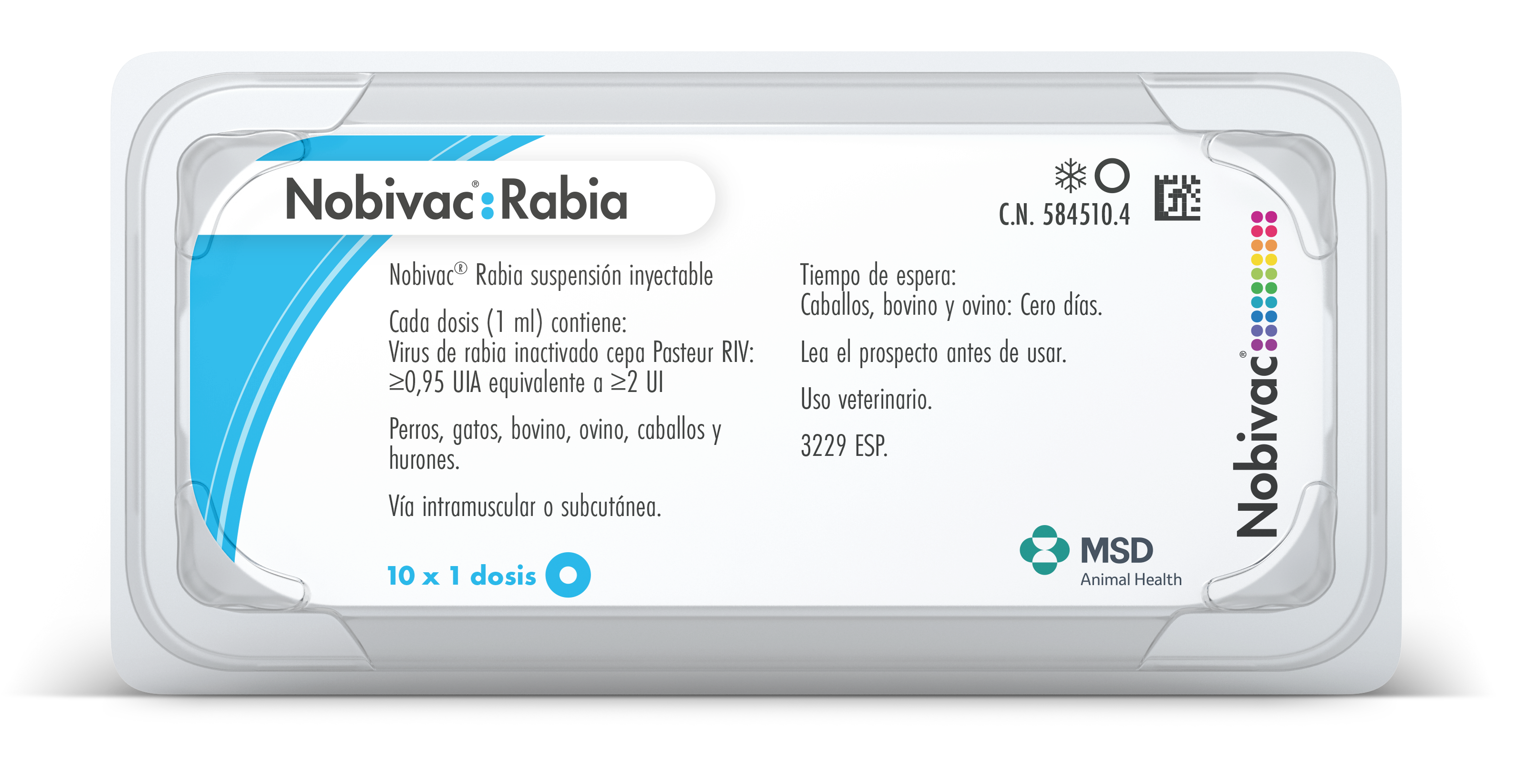 Nobivac® Rabia Envase del producto inmunológico veterinario Nobivac® Rabia de MSD Animal Health. El empaque muestra la marca Nobivac® Rabia, información del producto y el logotipo de MSD Animal Health.