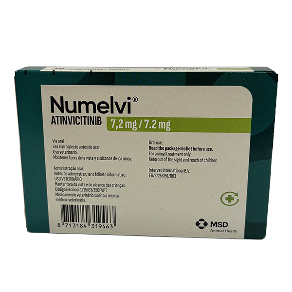 nvase del producto farmacológico veterinario Numelvi® de MSD Animal Health. El empaque muestra la marca Numelvi®, información del producto y el logotipo de MSD Animal Health.