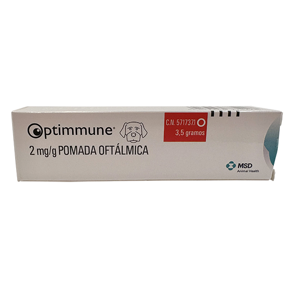 Envase del producto farmacológico veterinario Optimmune® de MSD Animal Health. El empaque muestra la marca Optimmune®, información del producto y el logotipo de MSD Animal Health.