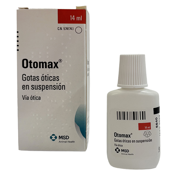 Envase del producto farmacológico veterinario Otomax® de MSD Animal Health. El empaque muestra la marca Otomax®, información del producto y el logotipo de MSD Animal Health.