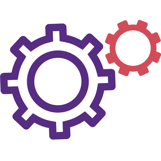 Icono de dos engranajes entrelazados, uno grande de color púrpura y otro pequeño de color rosa, sobre fondo blanco.